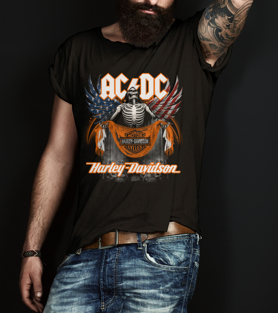 Acdc Harley Davidson Skeleton With American Flag Wings T-Shirt