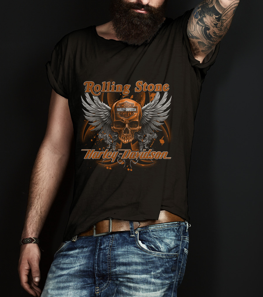 Rolling Stone Motor Harley Davidson Cycles Skull Wings T-Shirt