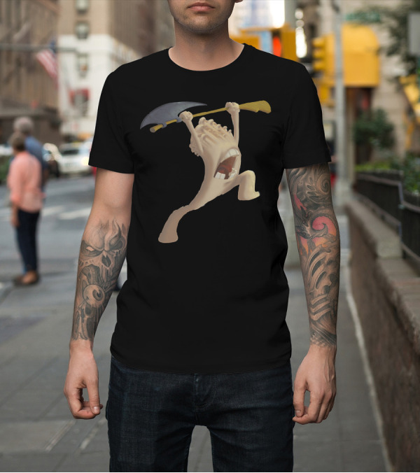 Shirt: Enoki Warrior Battle Stance with Mushroom Character and Scythe T-Shirt Enoki Warrior Battle Stance with Mushroom Character and Scythe T-Shirt