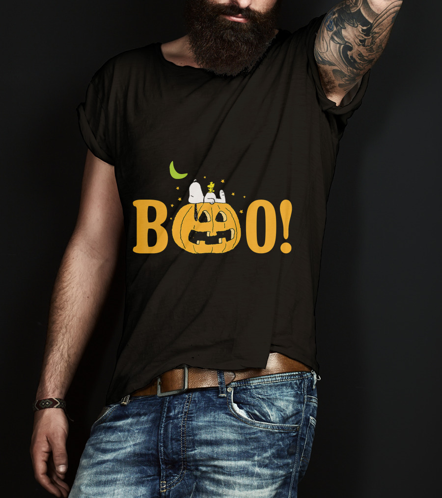 Snoopy And Woodstock Halloween Boo Pumpkin Moon Stars T-Shirt