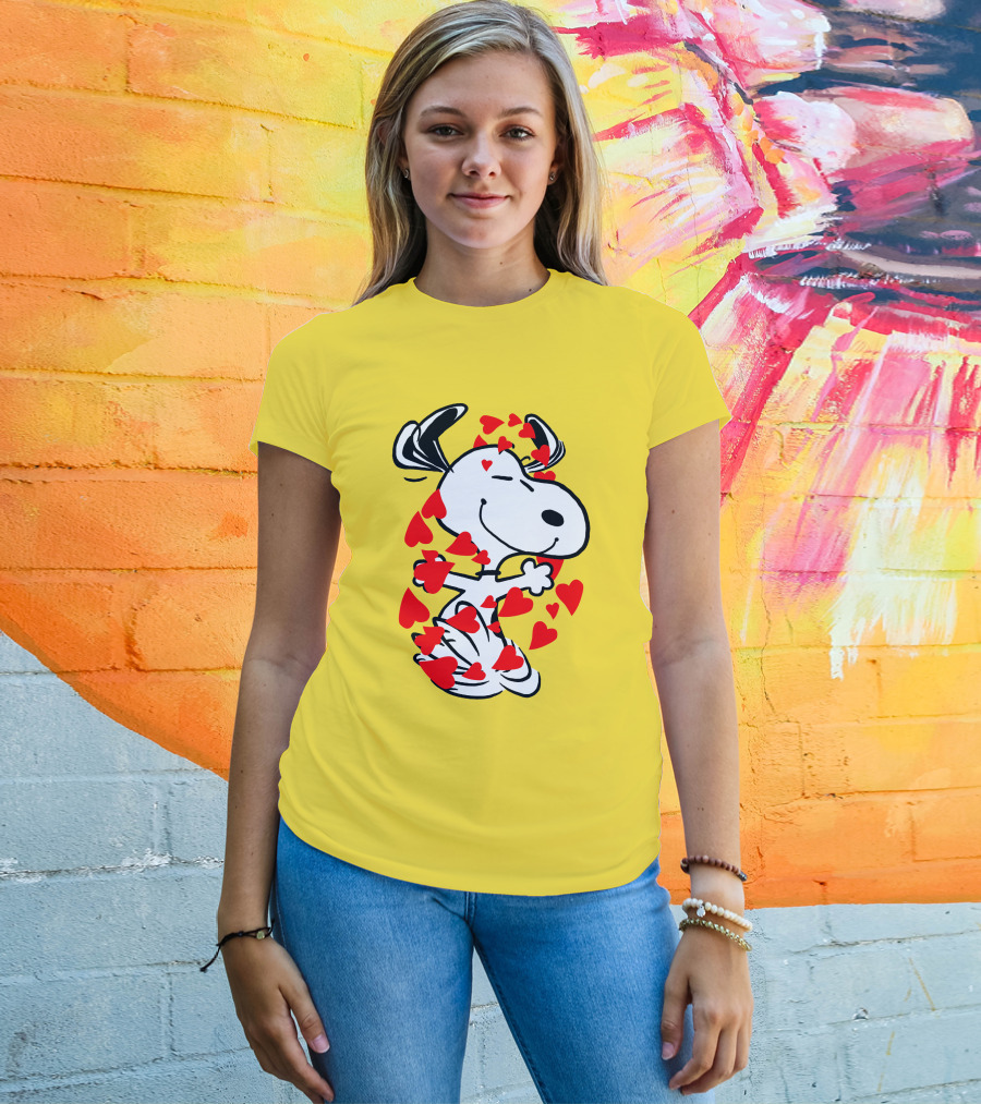 Snoopy Surrounded By Red Hearts Hugging Blissfully T-Shirt