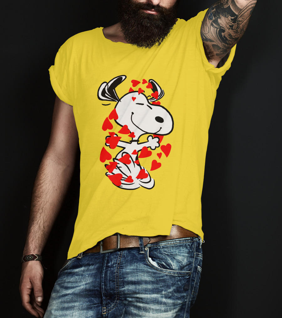 Snoopy Surrounded By Red Hearts Hugging Blissfully T-Shirt