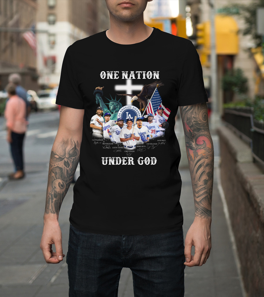 Los Angeles Dodgers One Nation Under God Statue of Liberty and American Flag T-Shirt