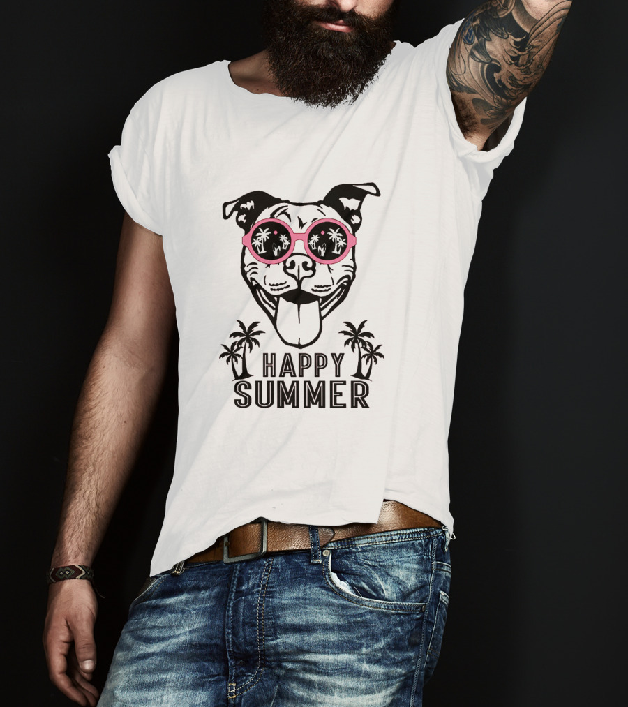 Happy Summer Dogs With Sunglasses And Palm Trees T-Shirt