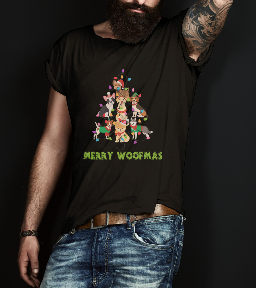 Merry Woofmas Christmas Funny Dog Holiday Tree With Festive Lights T-Shirt