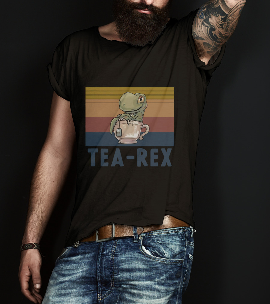 Tea Rex Dinosaur With Retro Sunset Cup T-Shirt
