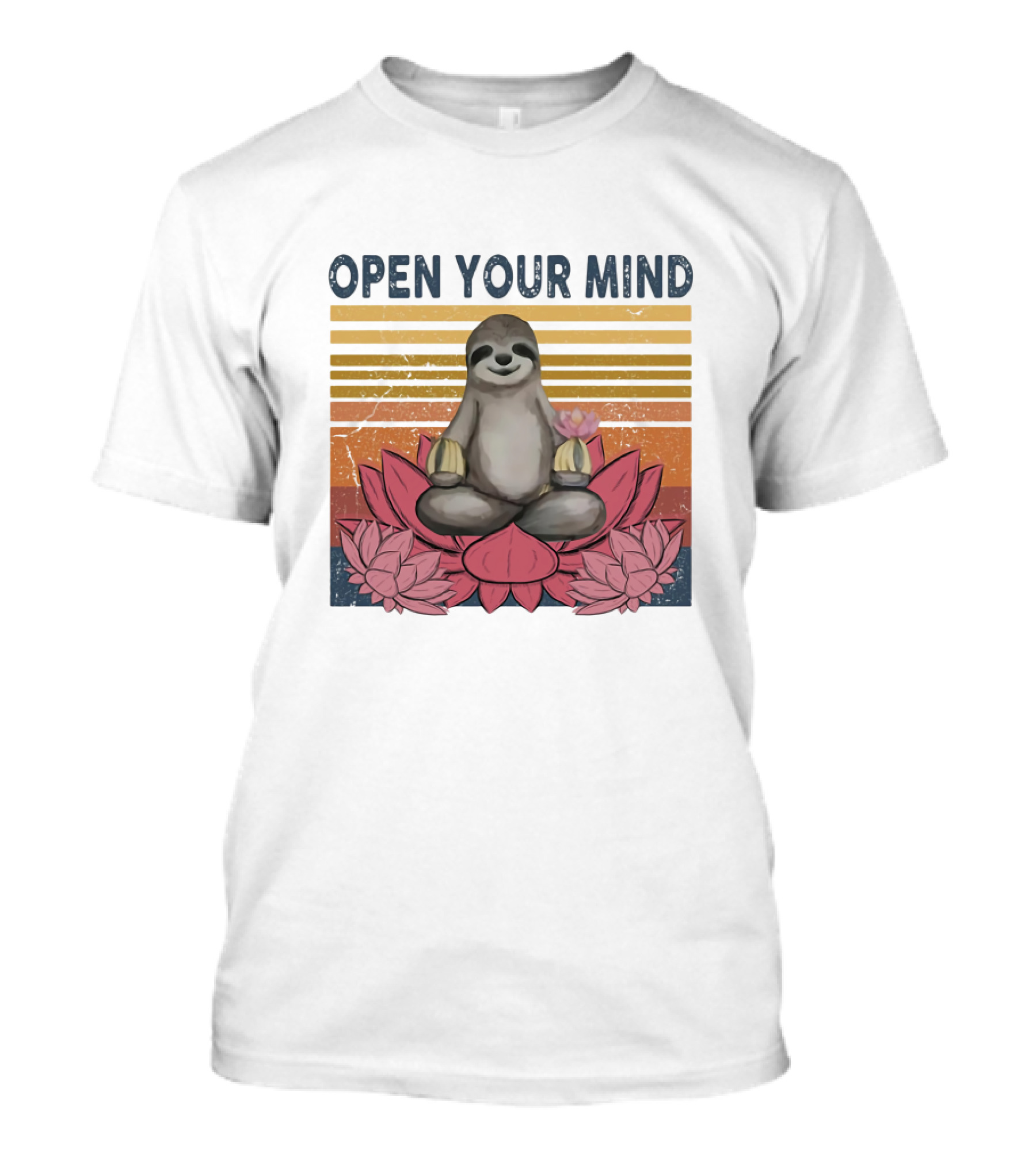 Open Your Mind Yoga Sloth On Lotus With Retro Stripes T-Shirt
