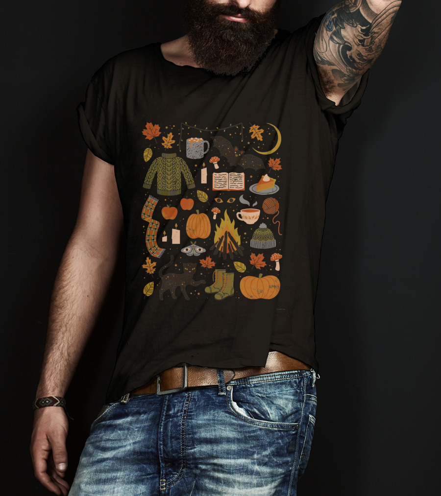 Autumn Nights Cozy Sweater Pumpkin Campfire Black Cat Moonlit Fall Leaves T-Shirt
