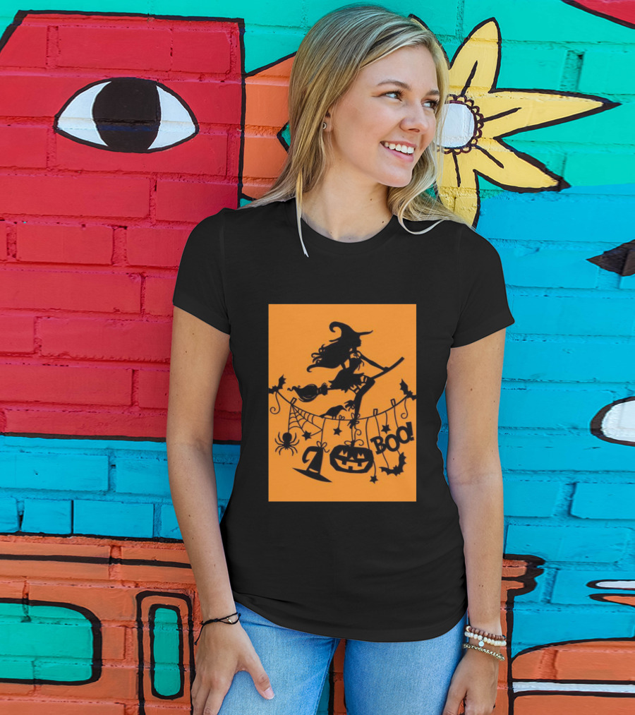 Witch On A Broom Halloween Boo Pumpkin Spider Bat Garland T-Shirt