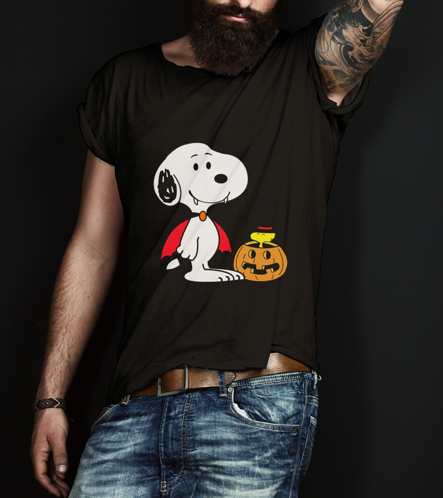 Snoopy Halloween Vampire With Woodstock In Pumpkin Hat T-Shirt