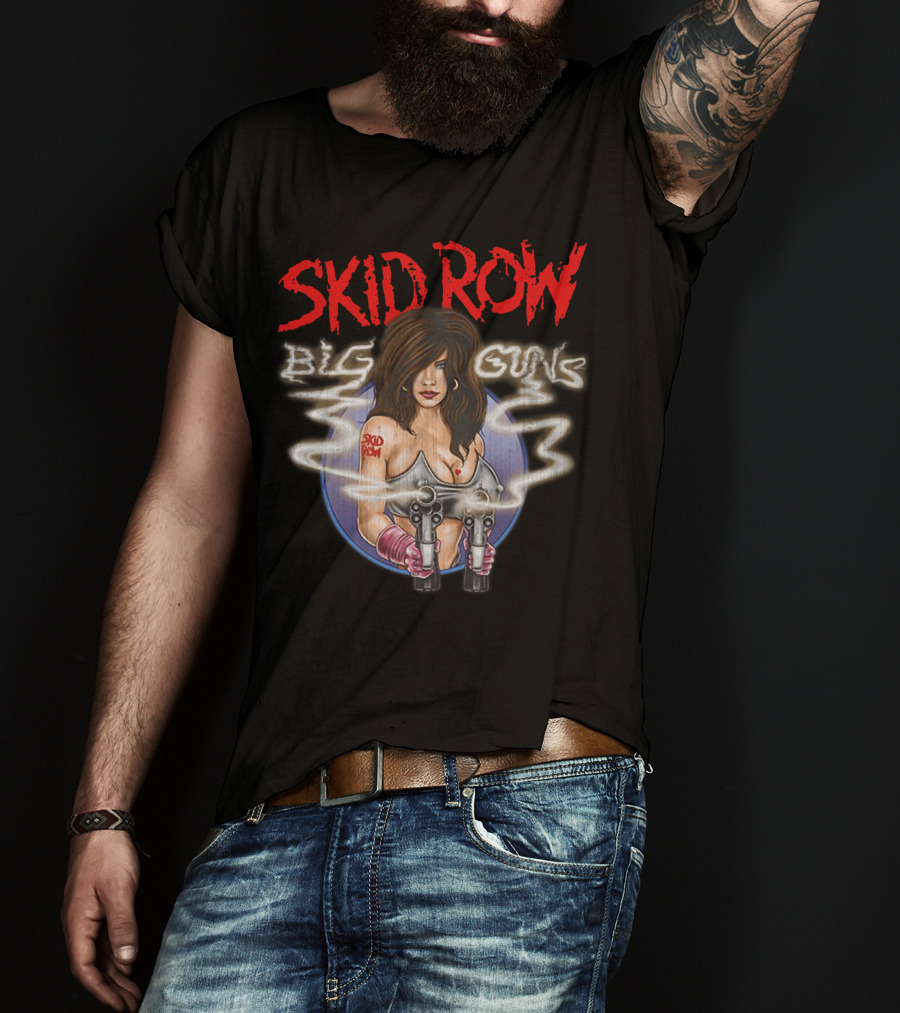 Skid Row Big Guns Heavy Metal Fan Art With Smoking Pistols Motif T-Shirt