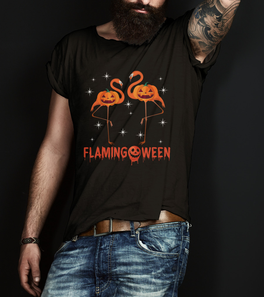 Flamingoween Funny Flamingos With Pumpkin Heads And Stars T-Shirt