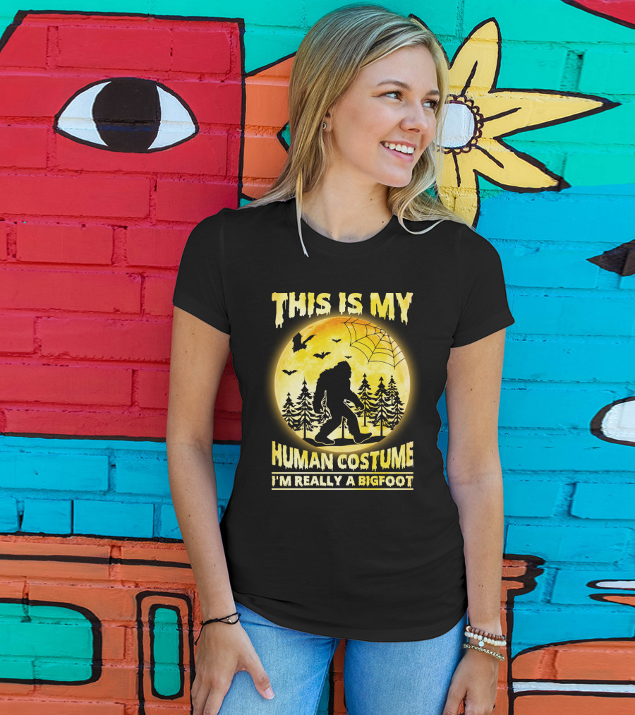 Bigfoot Silhouette In Moonlit Forest With Web And Bats - This Is My Human Costume I'm Really A Bigfoot T-Shirt