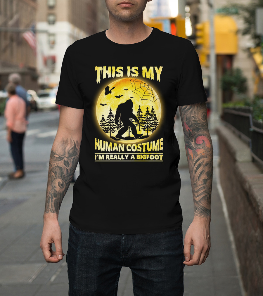 Bigfoot Silhouette In Moonlit Forest With Web And Bats - This Is My Human Costume I'm Really A Bigfoot T-Shirt