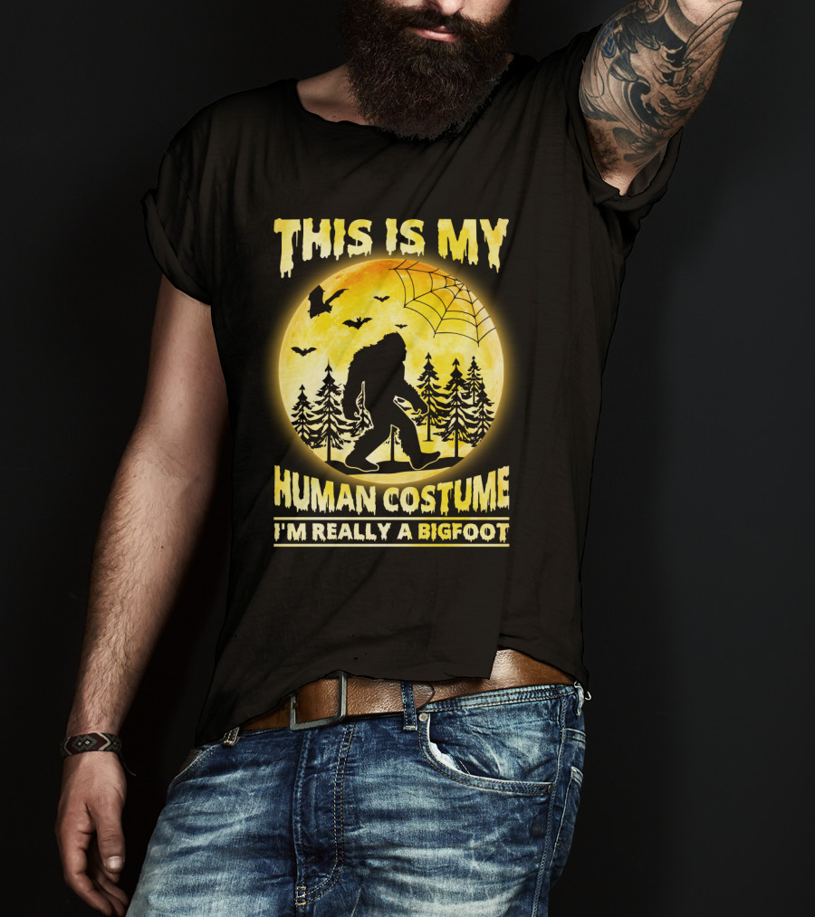 Bigfoot Silhouette In Moonlit Forest With Web And Bats - This Is My Human Costume I'm Really A Bigfoot T-Shirt