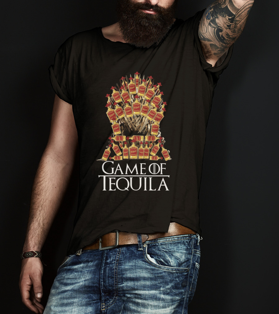 Game Of Tequila Sarcasm Parody For Drinking Fans Featuring Iconic Throne Made Of Liquor Bottles T-Shirt