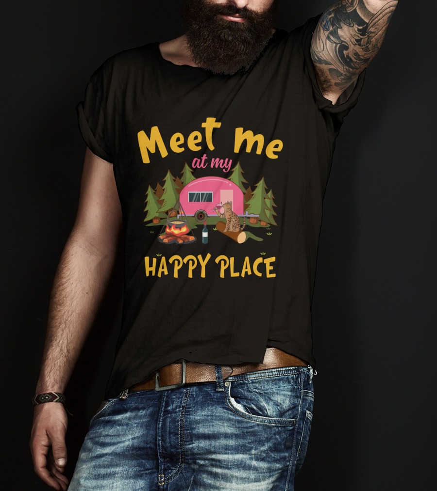 Meet Me At My Happy Place Funny Camping Cat With Wine By Campfire T-Shirt
