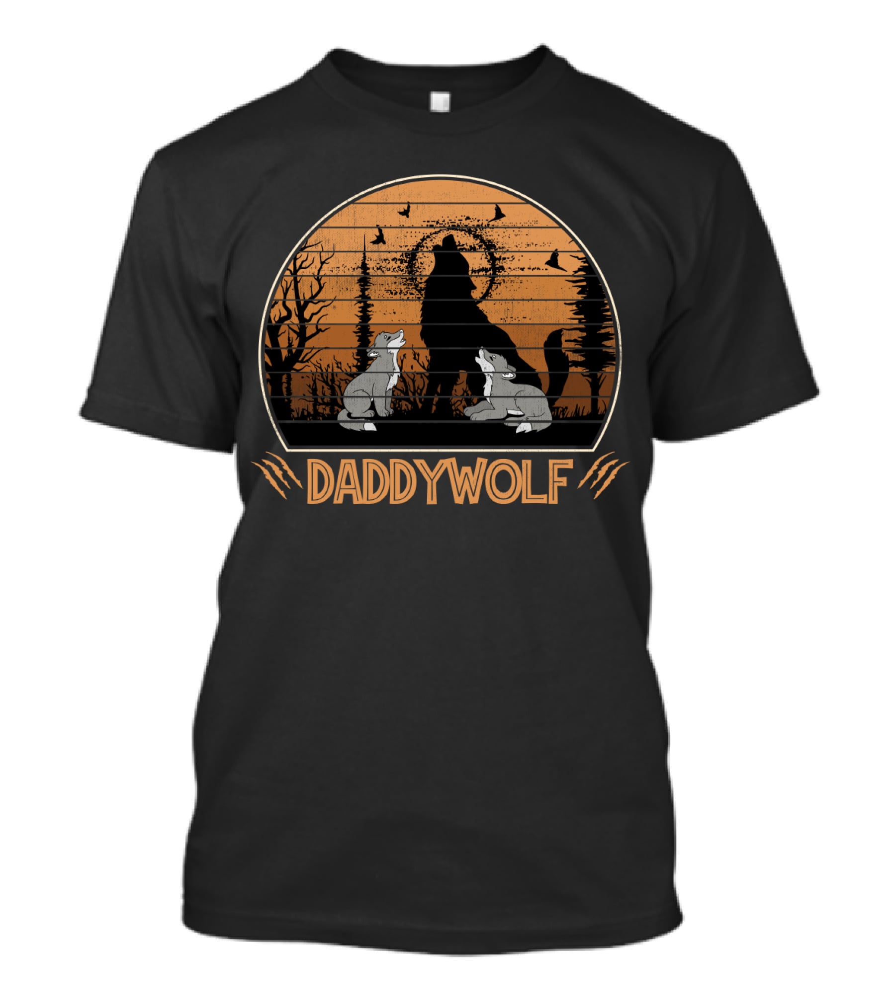 Daddy Wolf Howling At Sunset With Cubs And Vintage T-Shirt