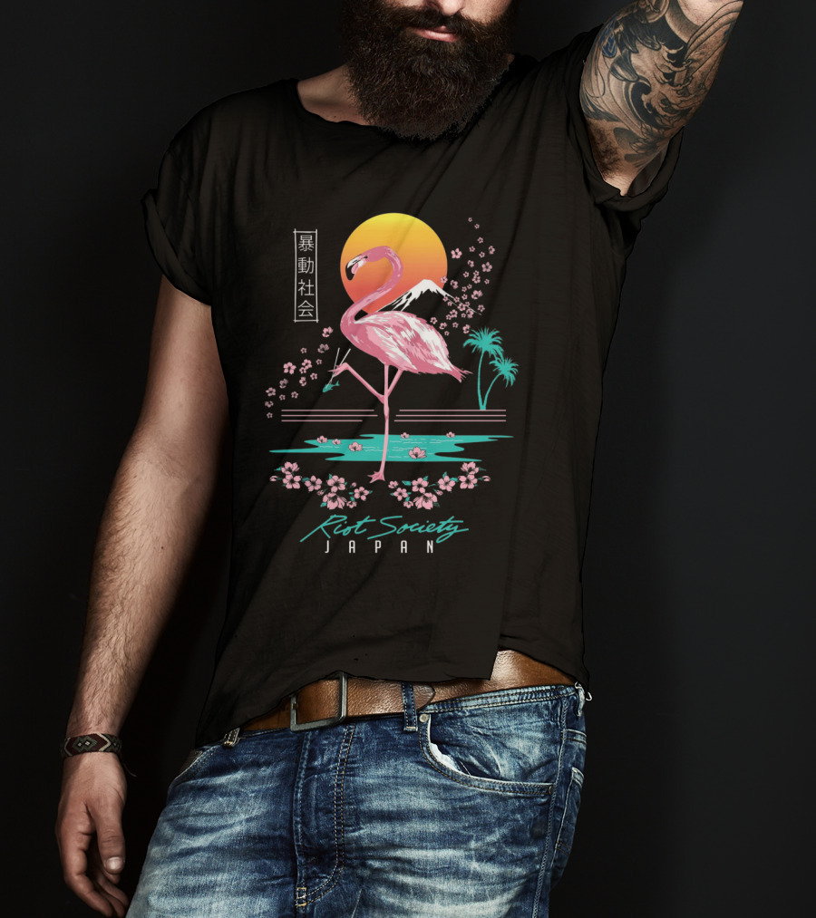 Riot Society Japan Flamingo Blossom Sakura Sunset T-Shirt