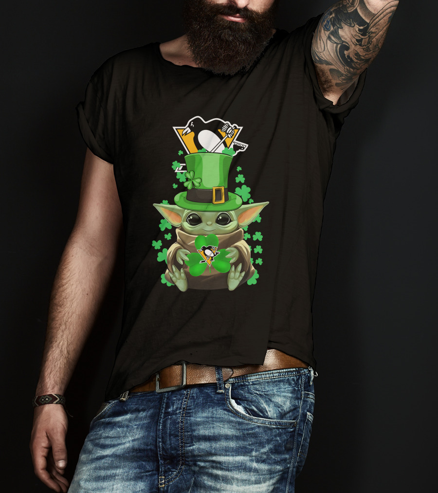 Baby Yoda Penguins St. Patrick's Day Shamrock T-Shirt