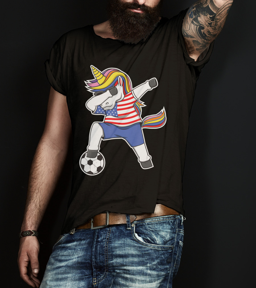 Dabbing Soccer Unicorn USA Girls Unicorn Lover Stars And Stripes Football T-Shirt