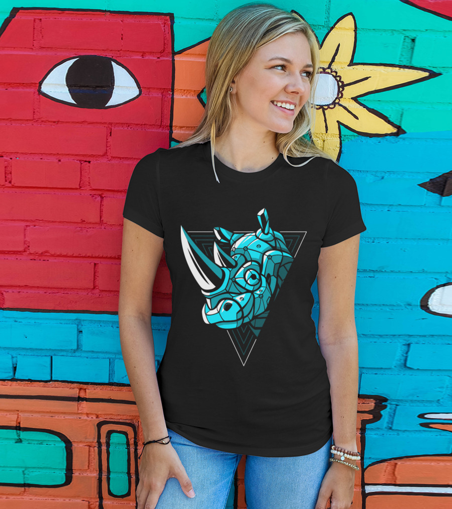 Cybernetic Blue Rhino With Neon Triangle Punk T-Shirt