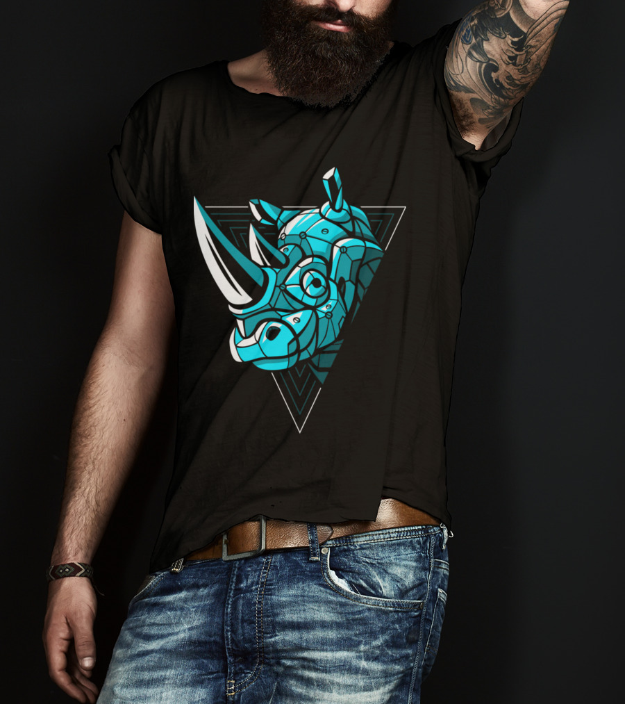 Cybernetic Blue Rhino With Neon Triangle Punk T-Shirt