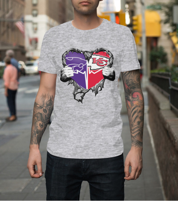 Shirt: Kansas City Chiefs and Kansas State Wildcats Heart T-Shirt Kansas City Chiefs and Kansas State Wildcats Heart T-Shirt