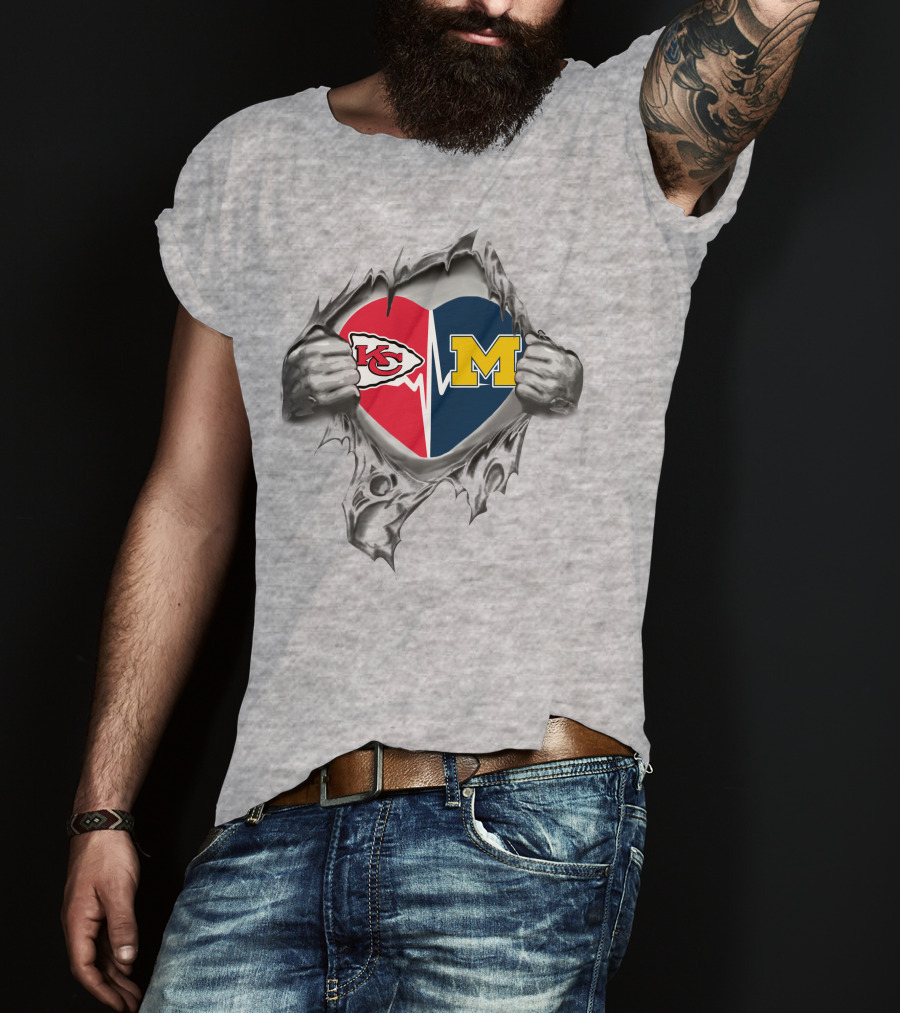 Michigan Wolverines Kansas City Chiefs Heartbeat T-Shirt