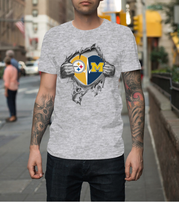 Shirt: Michigan Wolverines Pittsburgh Steelers Heartbeat Fusion T-Shirt Michigan Wolverines Pittsburgh Steelers Heartbeat Fusion T-Shirt