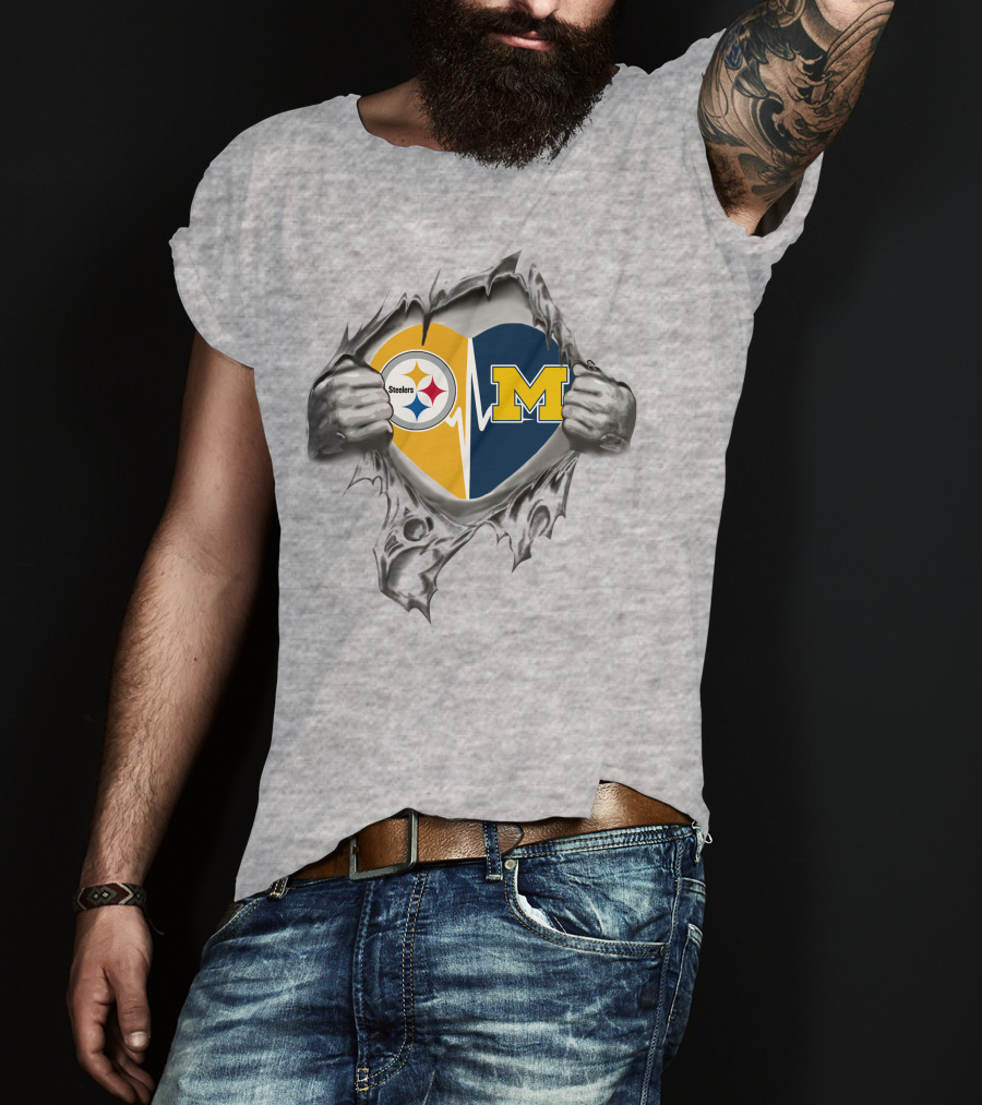 Michigan Wolverines Pittsburgh Steelers Heartbeat Fusion T-Shirt