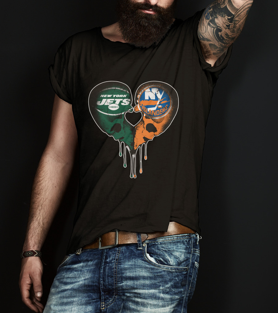 New York Jets NY Islanders Skull Heart Drip T-Shirt
