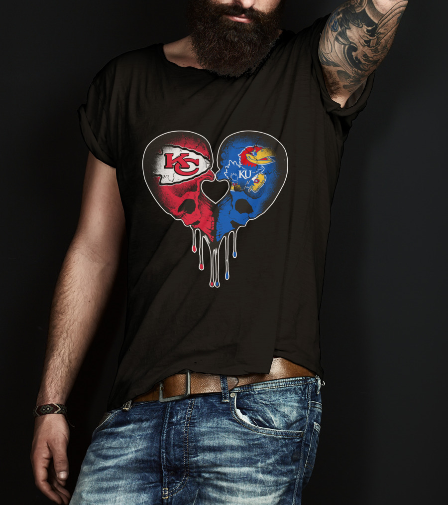 Chiefs KU Jayhawks Heart Skull T-Shirt