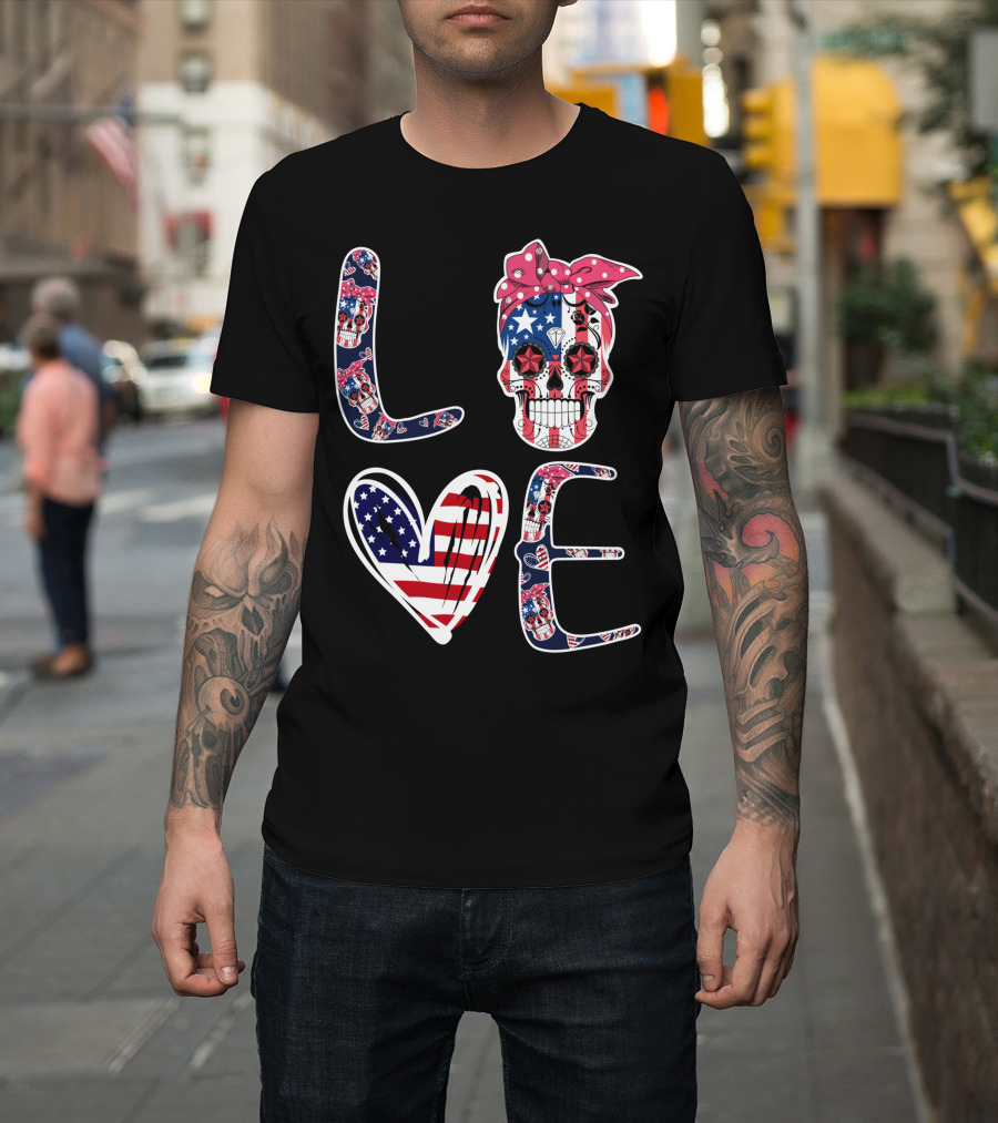Skull Love American Flag Patriotic Bandana T-Shirt