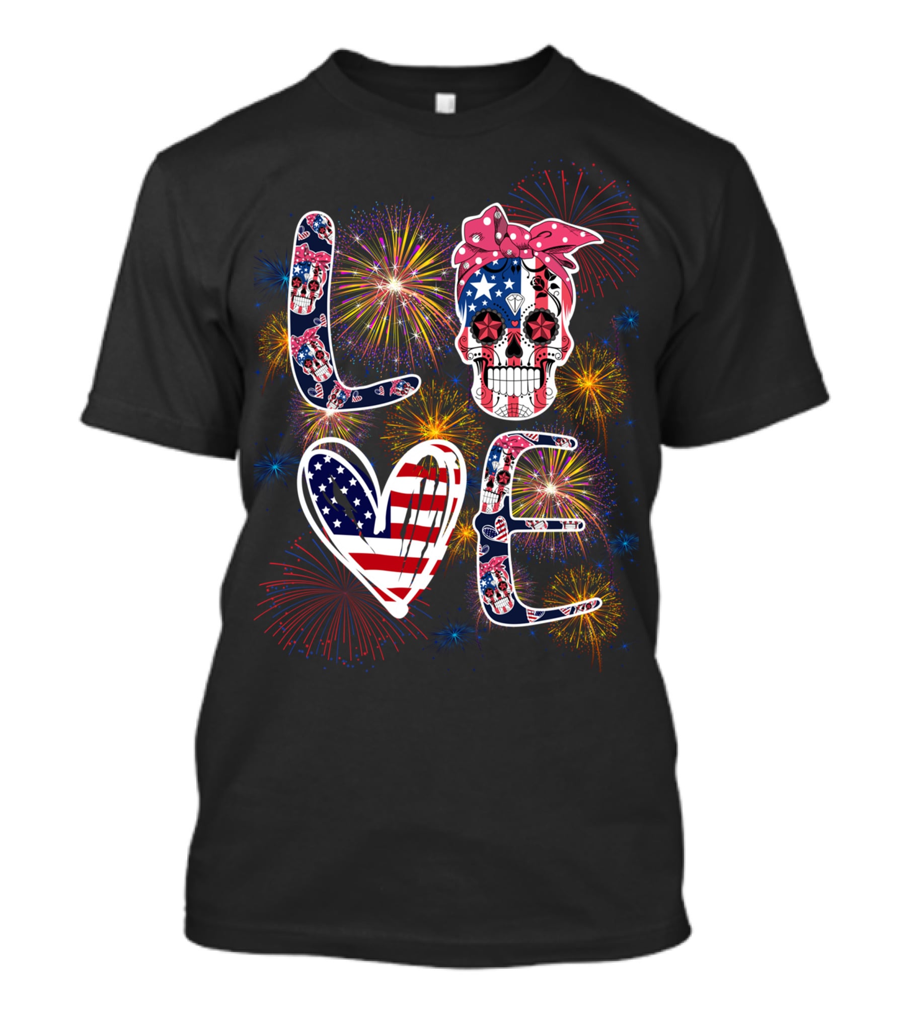 LOVE Skull Fireworks American Flag Independence Day T-Shirt