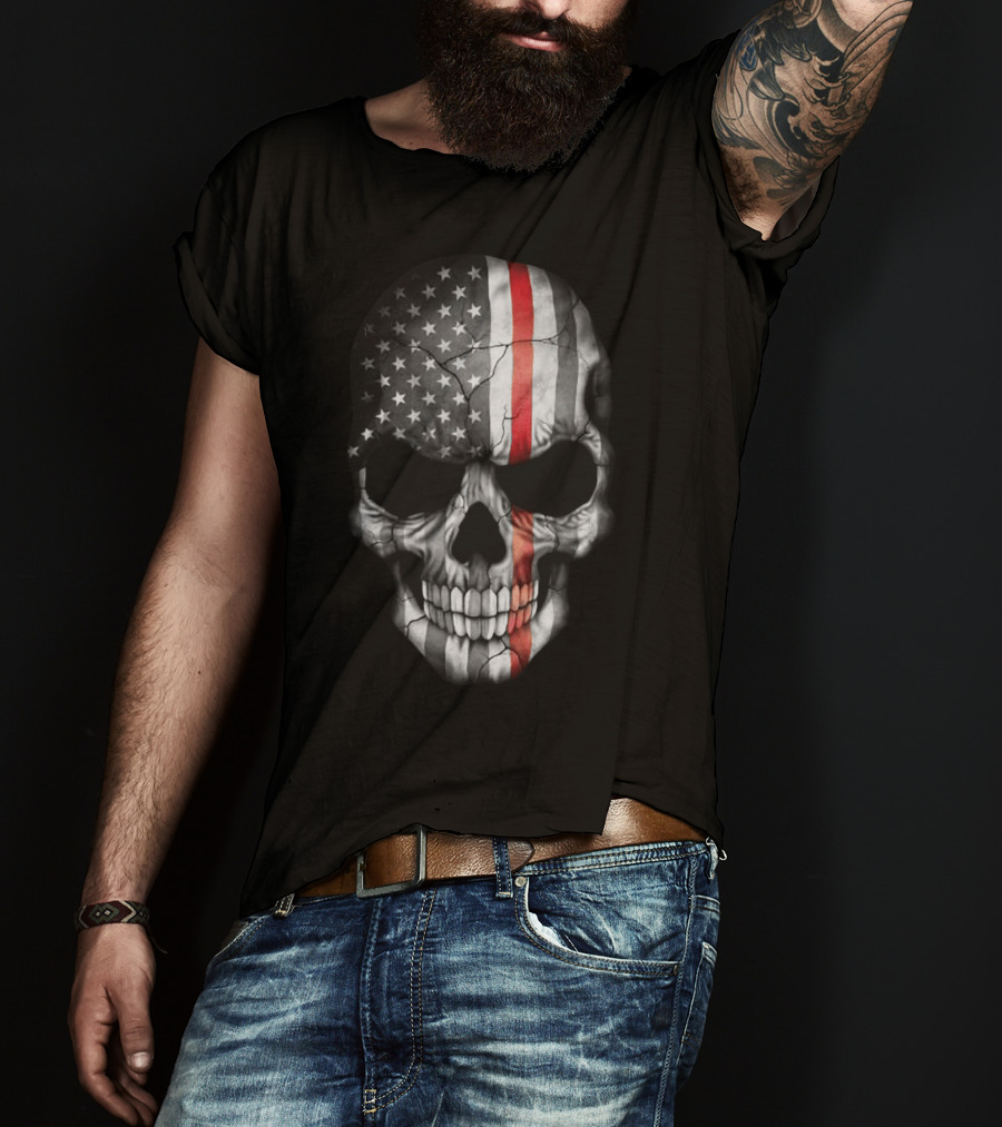 American Flag Thin Red Line Skull T-Shirt