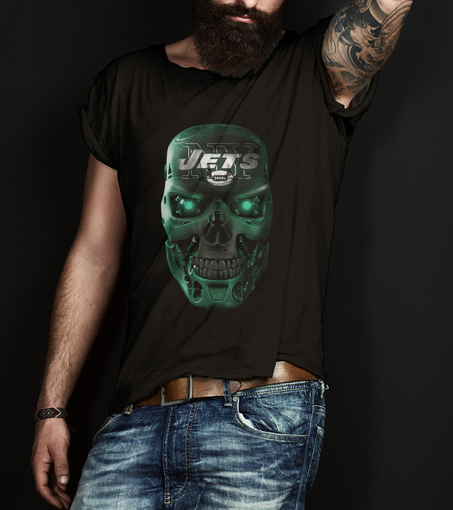 Green Robotic Skull Jets Football T-Shirt