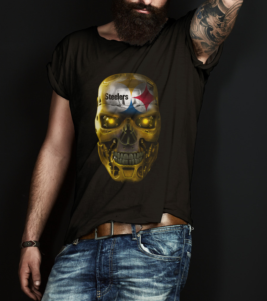 Steelers Skull Cyborg With Logo And Glowing Eyes T-Shirt