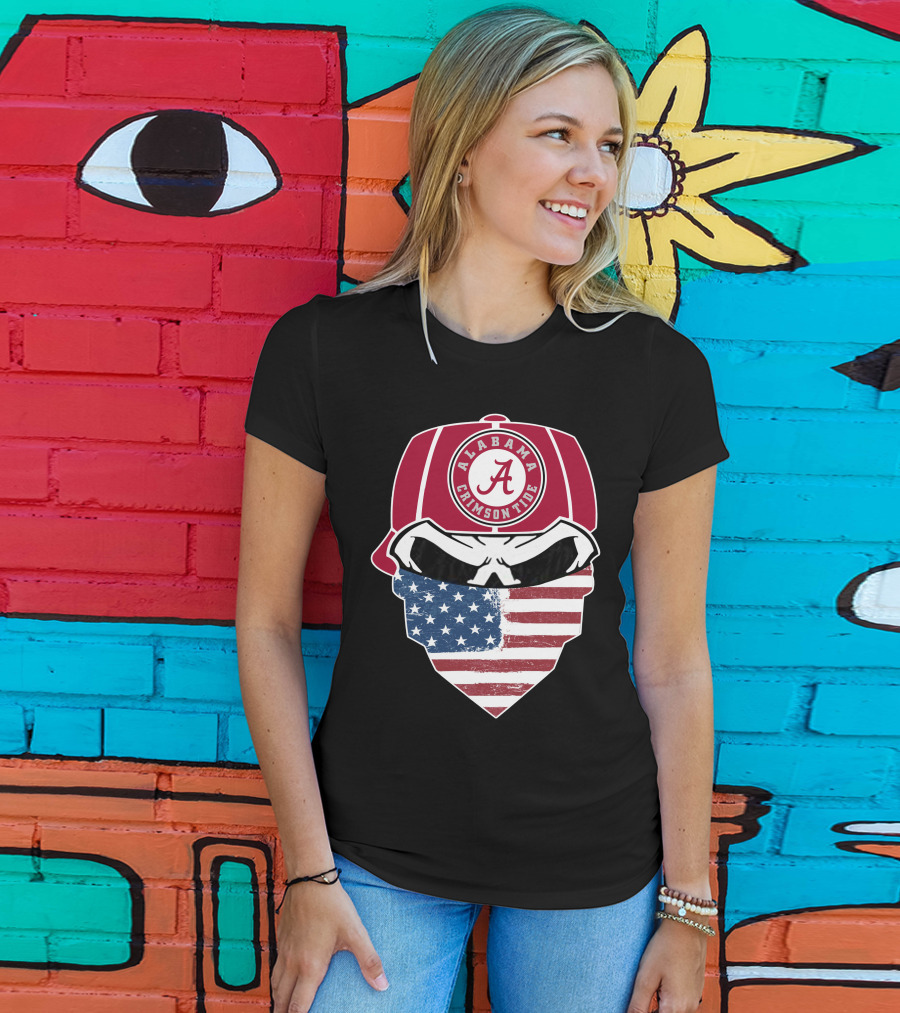 Alabama Crimson Tide Skull American Flag Bandana T-Shirt