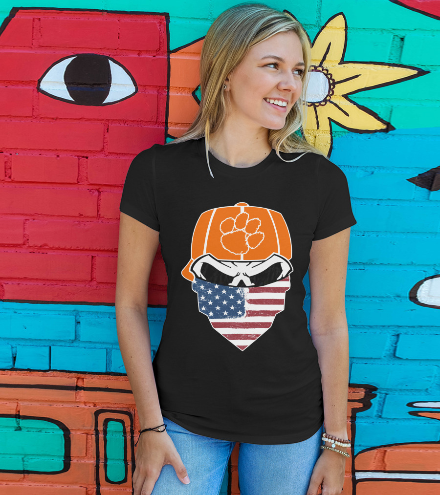 CLEMSON TIGERS Skuls Orange Cap Skull American Flag Bandana T-Shirt