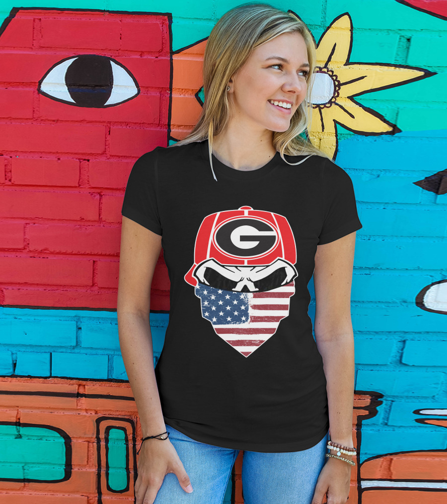 Georgia Bulldogs Skulls American Flag Bandana T-Shirt