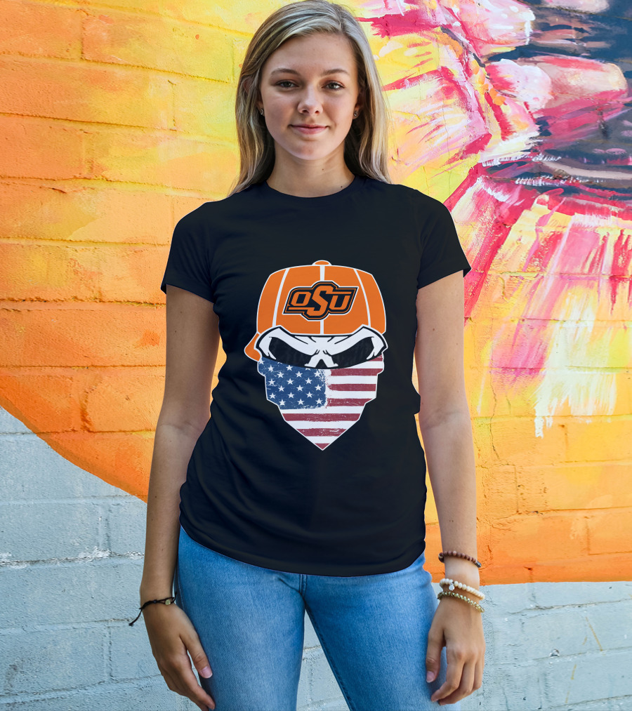 Oklahoma State OSU Skull American Flag Bandana T-Shirt