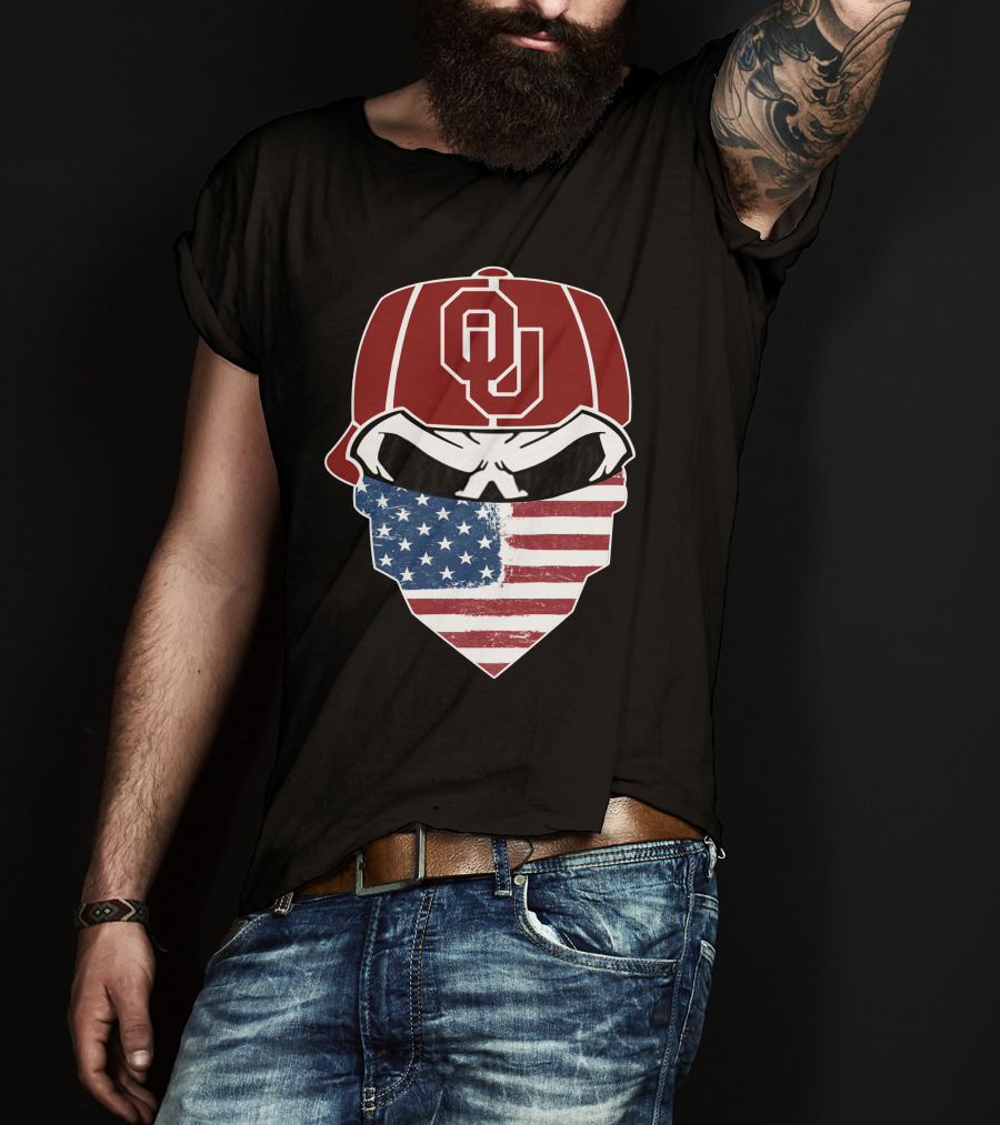 SOONERS Skuls OU American Flag Bandana Skull T-Shirt