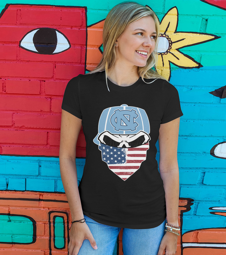 UNC Tar Heels Skull American Flag Bandana T-Shirt