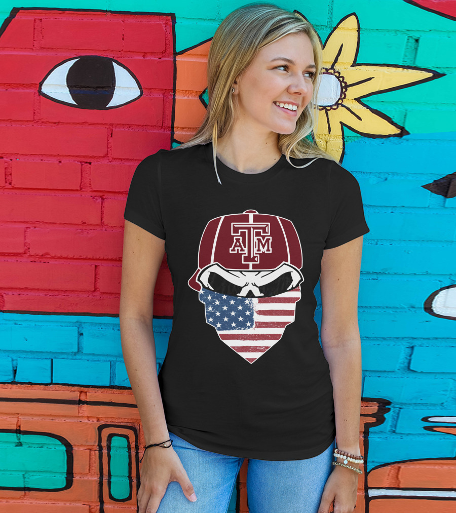 Texas A&M Aggies Skull With American Flag Bandana T-Shirt