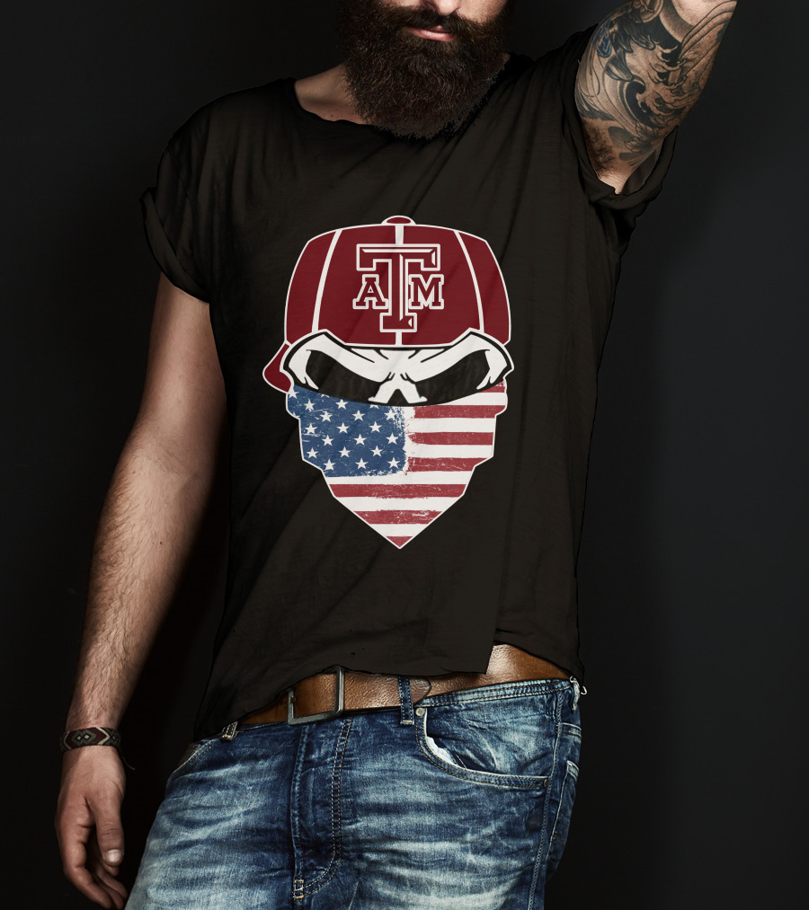 Texas A&M Aggies Skull With American Flag Bandana T-Shirt