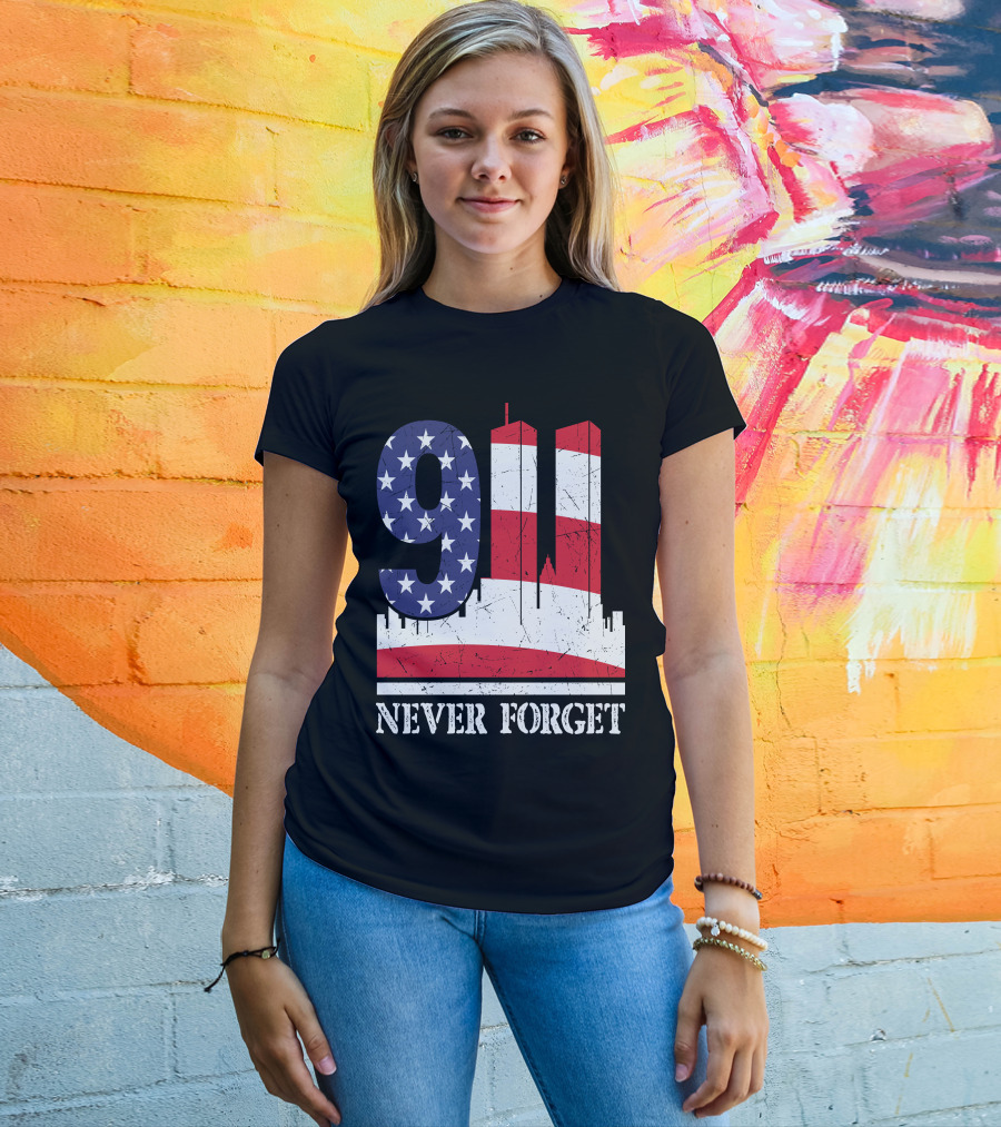 9 11 Never Forget Twin Towers American Flag T-Shirt
