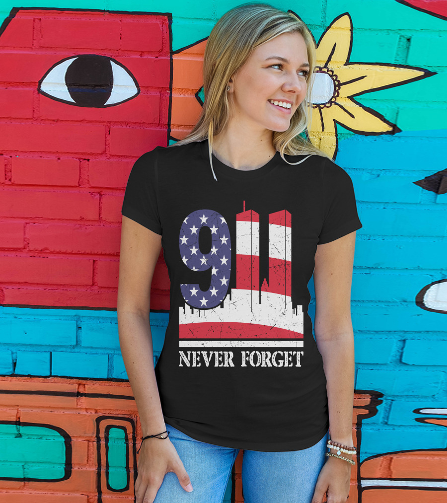 9 11 Never Forget Twin Towers American Flag T-Shirt