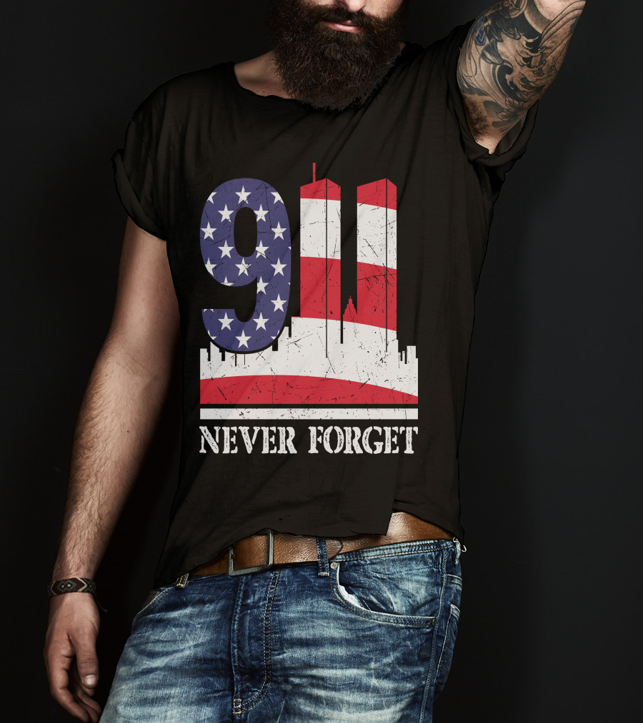 9 11 Never Forget Twin Towers American Flag T-Shirt