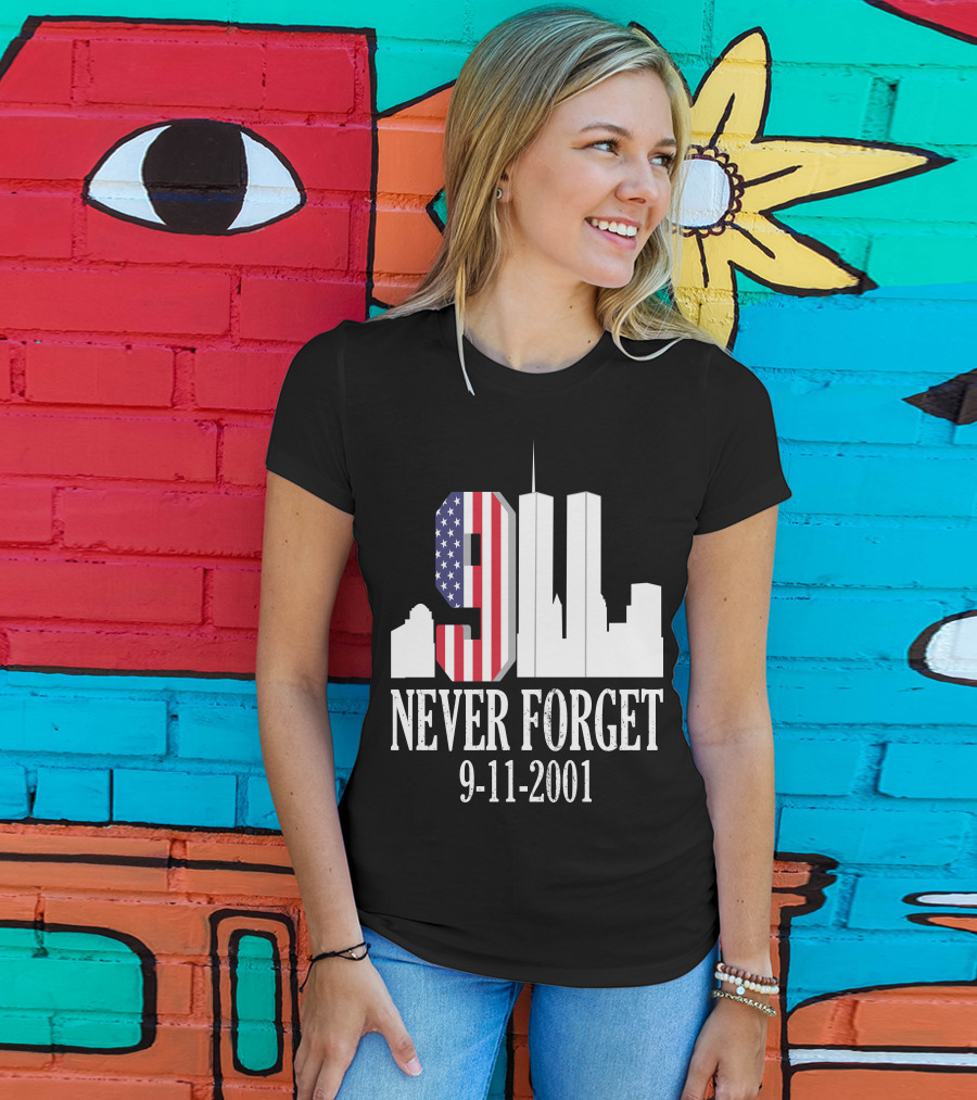 Never Forget 9-11-2001 American Flag Twin Towers Skyline T-Shirt